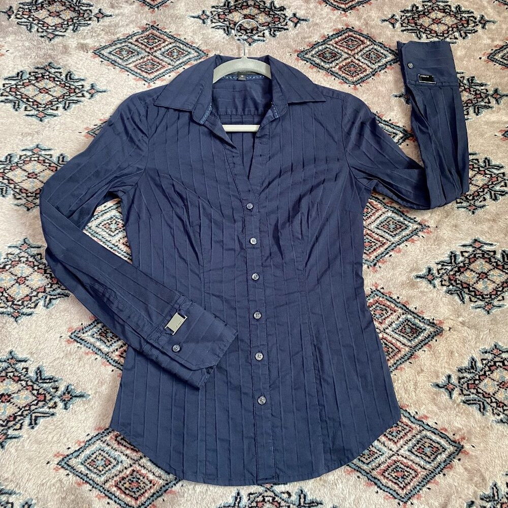 Vintage Navy Textured Dress Shirt with Metallic Hardware Detailing - Size XS